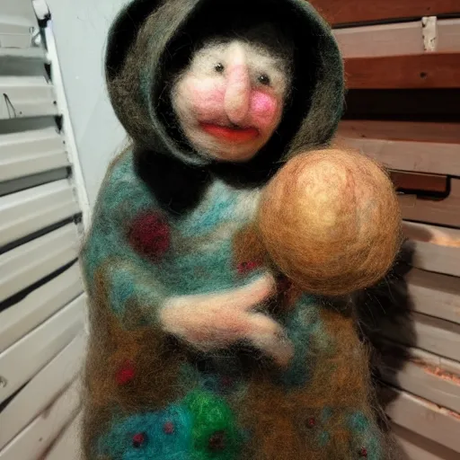 Image similar to photo of a life sized needle - felted 2 0 0 year old wrinkly crone covered in warts sitting behind a needle felted dumpster in a needle felted alley way with low soft light