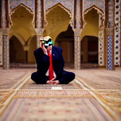 Image similar to Trump praying in mosque, award winning cinematic photography, 50 mm, blurred background, perfect faces