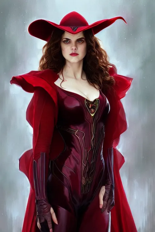 Prompt: alexandra daddario as scarlett witch cosplay, realistic portrait, symmetrical, highly detailed, digital painting, artstation, concept art, smooth, sharp focus, illustration, cinematic lighting, art by artgerm and greg rutkowski and alphonse mucha