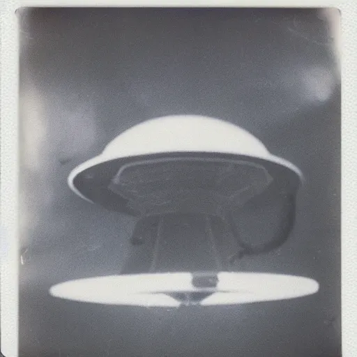 Image similar to polaroid photograph of ufo taken, hanebau, 1 9 5 0 s, black and white, blurry