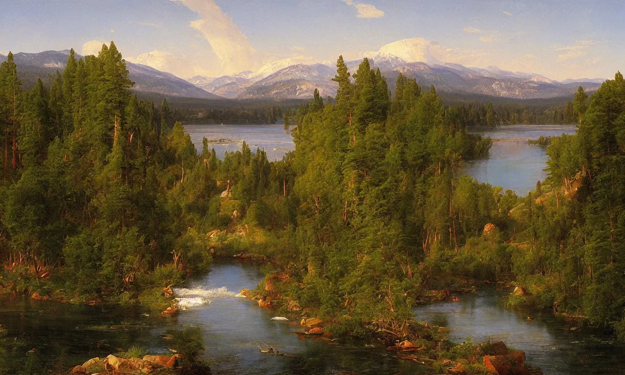 Prompt: A Beautiful View of the Truckee River near Lake Tahoe, art by Frederic Edwin Church and Thomas Cole