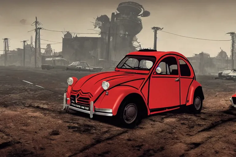 Image similar to red and black citroen 2 cv ( 1 9 6 5 ) driving across the wastelands of fallout 4, dramatic lighting, establishing shot, by simon stalenhag