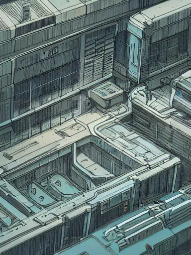 Image similar to horizontal view, cyberpunk, animation concept art, studio ghibli style, clear reflection, full page scan of 3 0 0 0 s detailed concept art, cyberpunk, mathematics and geometry, architecture, sewage system, urban section, floor plan, architectural section, post apocalyptic, desaturated, summer feeling