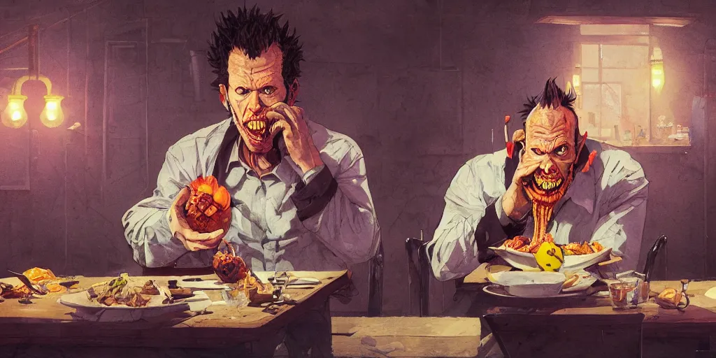 Prompt: cartoonish tom waits eating dinner, vivid colors, character sheet, fine details, concept design, contrast, kim jung gi, greg rutkowski, trending on artstation, 8 k, full body, turnaround, front view, back view, ultra wide angle