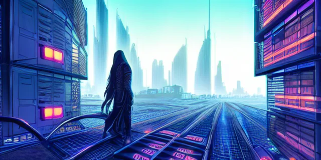 Prompt: blockchain in the middle of a futuristic cyberpunk dubai city, in the art style of dan mumford and marc simonetti, atmospheric lighting, intricate, volumetric lighting, beautiful, sharp focus, ultra detailed