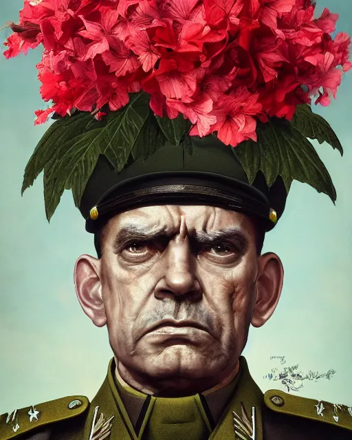 Image similar to a beautiful portrait photo of a angry military general man in uniform, looking very angry, covered by hibiscus, daffodils, hydrangea, montsera leaves by tom bagshaw and zach sutton, explosion of flowers, very detailed, artstation, 8 k