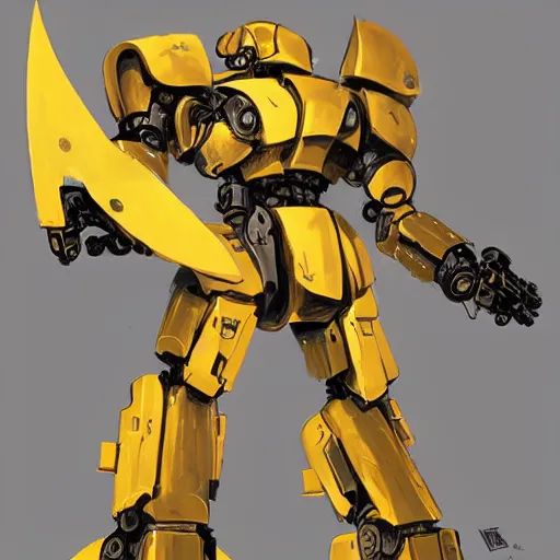 Prompt: yellow mecha with flat head and big sword and shield, Keetongu Bionicle, by Greg Rutkowski
