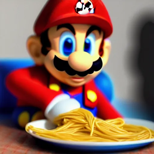 Image similar to photo of super mario sitting at a table eating spaghetti, highly detailed, extremely high quality, hd, 4 k, 8 k, canon 3 0 0 mm, professional photographer, 4 0 mp, lifelike, top - rated, award winning, realistic, detailed lighting, detailed shadows, sharp, no blur, edited, corrected, trending