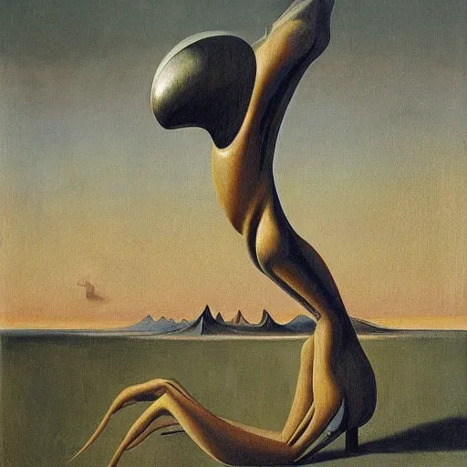 Prompt: An oil painting of a strange alien creature by Max Ernst and Giorgio de Chirico, trending on artstation