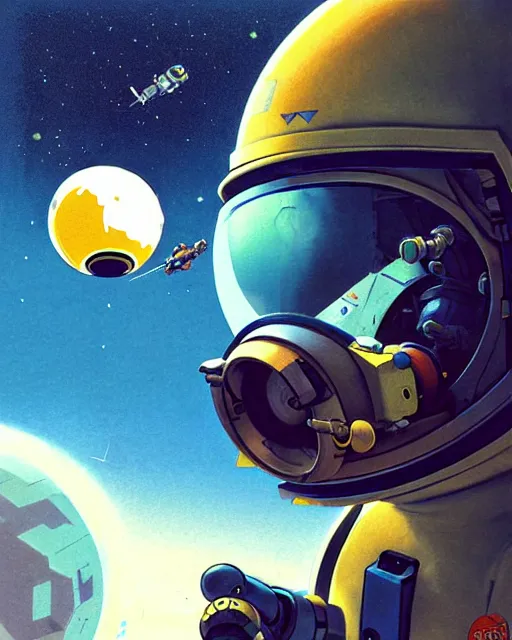 Prompt: wrecking ball the hamster from overwatch, dressed as an astronaut, character portrait, portrait, close up, concept art, intricate details, highly detailed, vintage sci - fi poster, retro future, in the style of chris foss, rodger dean, moebius, michael whelan, and gustave dore