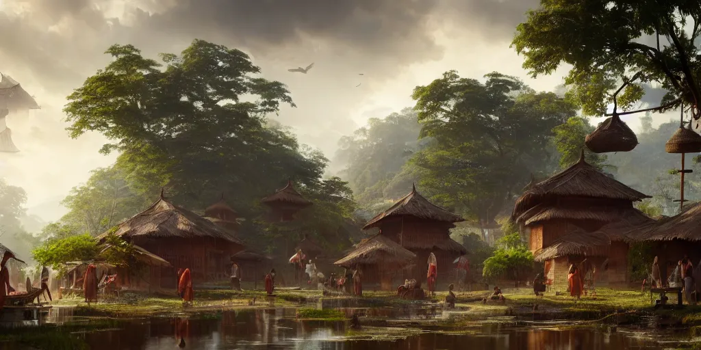 Image similar to kerala village, sharp focus, wide shot, trending on ArtStation, masterpiece, by Greg Rutkowski, by Ross Tran, by Fenghua Zhong, octane, soft render, ultrarealistic, colorful, cinematic