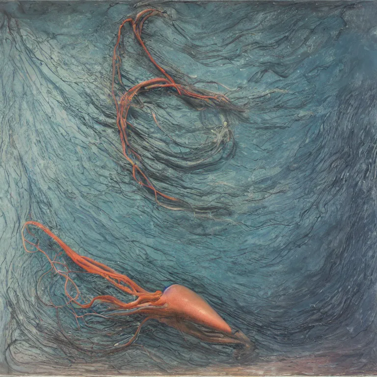 Image similar to Hyperrealistic intensely colored Studio wet collodion Photograph portrait of a deep sea Giant Squid deep underwater in darkness long exposure, award-winning nature deep sea expressionistic impasto heavy brushstrokes oil painting by Cy Twombly! and Tim Hawkinson and Anselm Kiefer vivid colors hyperrealism 8k