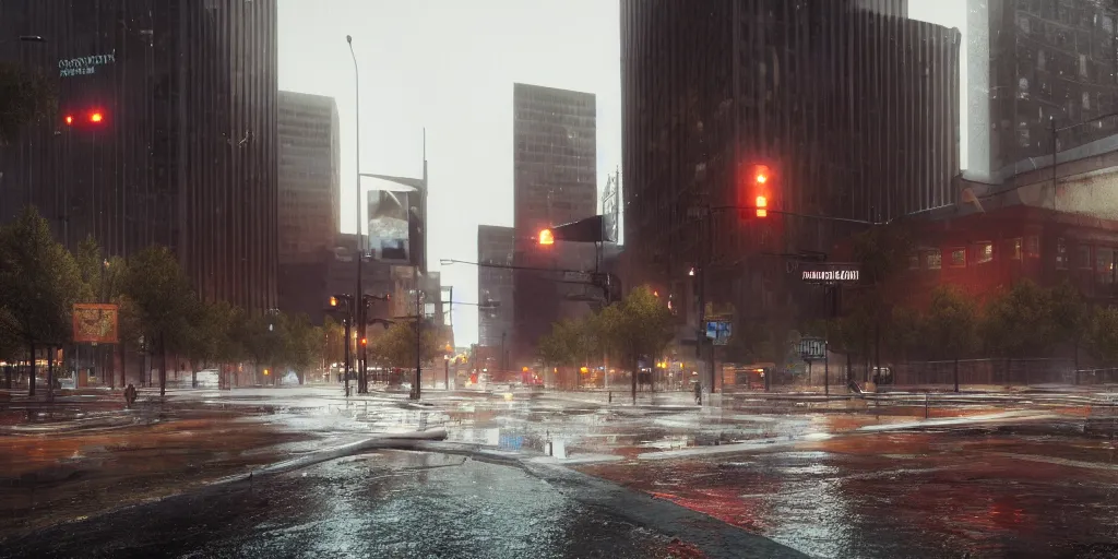 Prompt: postcapitalist downtown denver with heavy rain, cinematic, ultra - realistic, ultra - detailed, octane render, unreal engine 5, depth of field