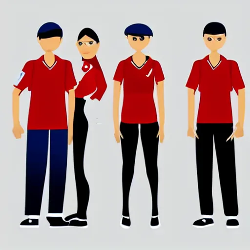 Prompt: team of 4 excited people in team uniform, vector illustration, minimal face features, vector illustration, white background