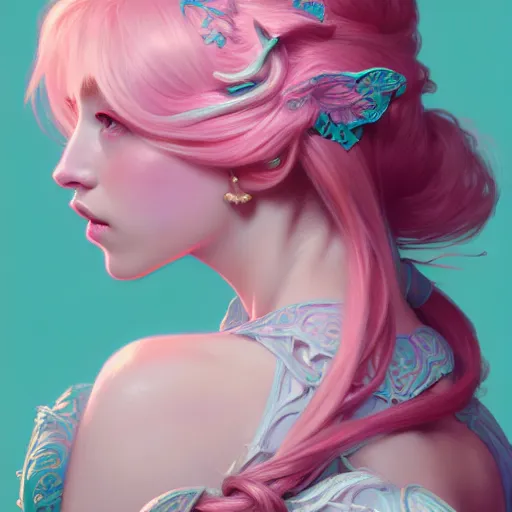 Prompt: aristocrat, teal pink color palette, female, d & d, fantasy, intricate, elegant, highly detailed, long pink hair, digital painting, artstation, octane render, concept art, matte, sharp focus, illustration, hearthstone, art by artgerm, alphonse mucha johannes voss