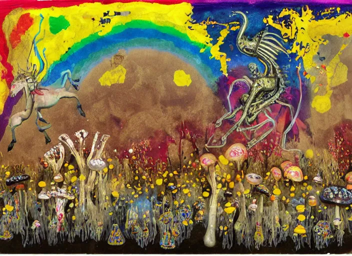 Image similar to expressionistic decollage painting golden armor alien zombie horseman riding on a crystal bone dragon broken rainbow diamond maggot horse in a blossoming meadow full of colorful mushrooms and golden foil toad blobs in a golden sunset, distant forest horizon, painted by Mark Rothko, Helen Frankenthaler, Danny Fox and Hilma af Klint, graffiti buff, pixel mosaic, semiabstract, color field painting, byzantine art, pop art look, naive, outsider art, very coherent symmetrical artwork. Bekinski painting, part by Philip Guston and Adrian Ghenie, art by George Condo, 8k, extreme detail, intricate detail, masterpiece