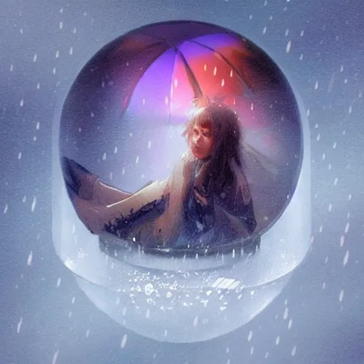 Image similar to a rainstorm inside a snowglobe. Beautiful colorful clouds in moody greys and blues. High quality digital art, trending on artstation by Artgerm and Greg Rutkowski and Alphonse Mucha