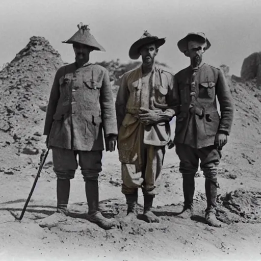 Prompt: ultra detailed photorealistic sepia - toned photo from 1 9 1 7, three clean - shaven british soldiers standing with two bedouin traders in traditional arab garb, at an archaeological dig site, ultra realistic, painted, intricate details, lovecraft, atmospheric, dark, horror, brooding, highly detailed, by clyde caldwell
