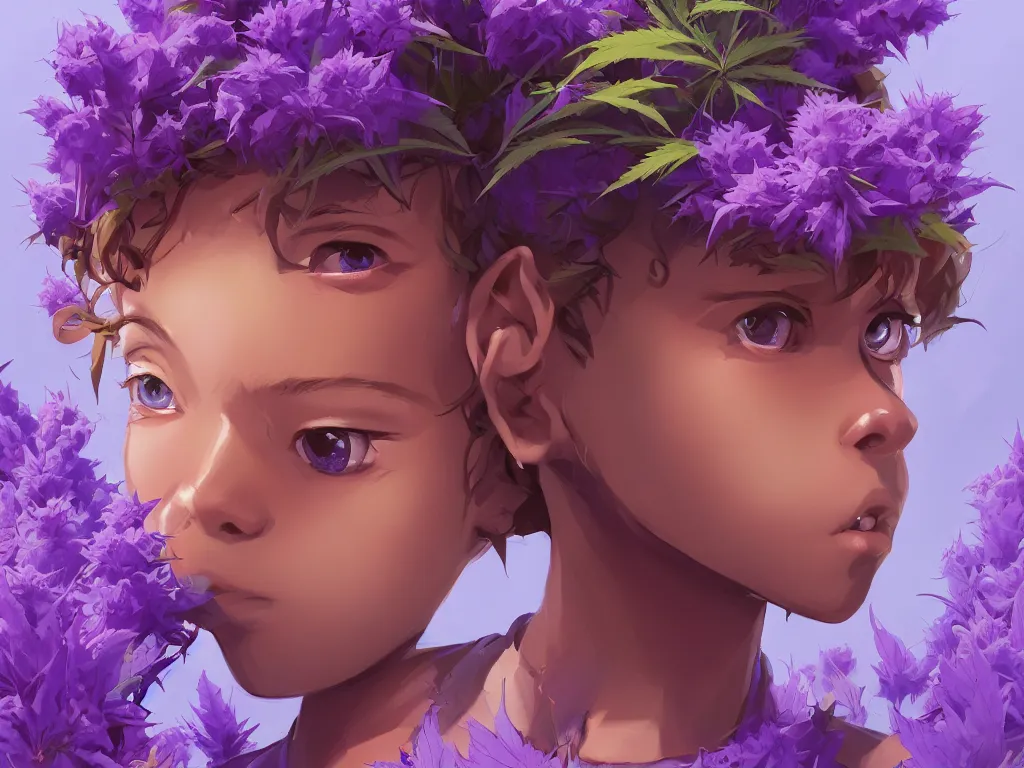 Image similar to single kid symmetrical beauty face in focus purple flowers of marijuana hemp cannabis, behance hd, by jesper ejsing, by rhads, makoto shinkai, lois van baarle, ilya kuvshinov, rossdraws global illumination, golden ratio