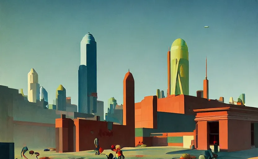 Image similar to Sowers and farmers in a Martian city built in 1930, very coherent, painted by Edward Hopper, painted by James Gilleard, airbrush, art by JamesJean