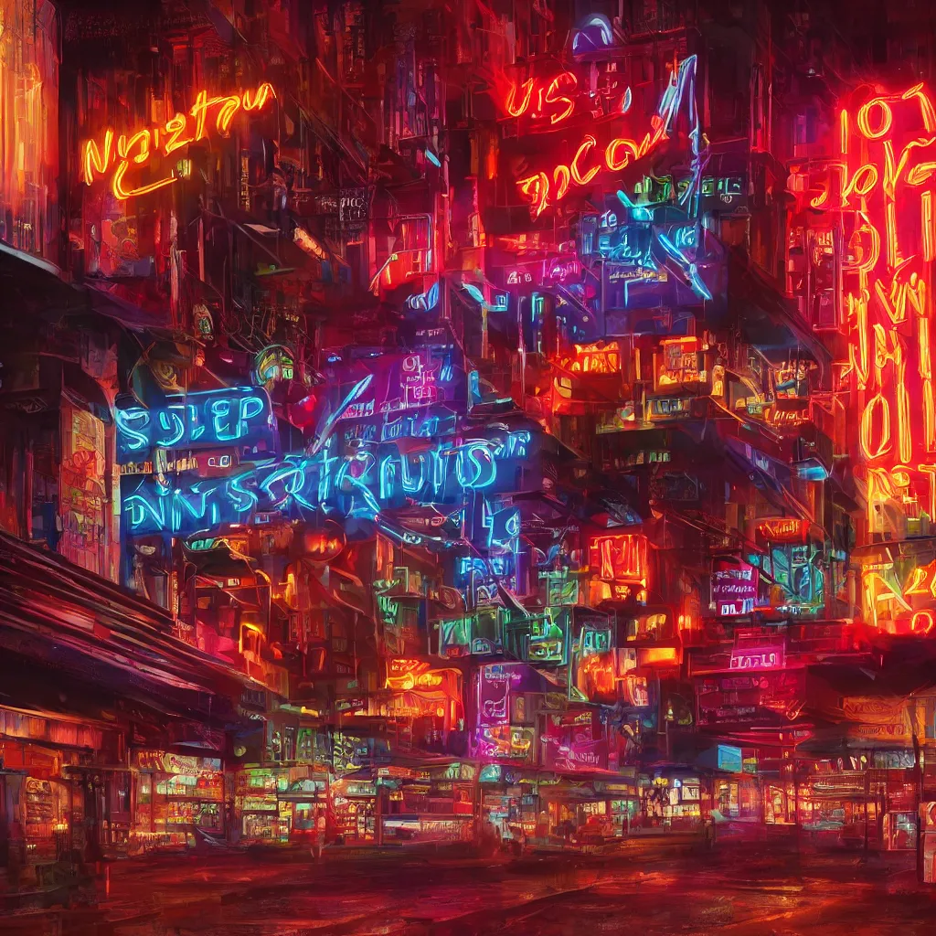 Prompt: neon signs in the night, photorealistic, hd, trending on artstation