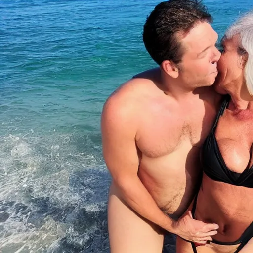 Image similar to photo of a 3 3 year old man that looks young for his age dating a very attractive 5 5 year old woman wearing a bikini.