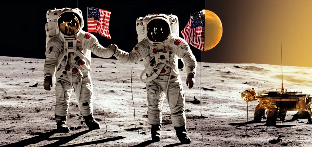 Prompt: JFK shaking hands with an alien on the moon 4k, award-winning art, digital art, matte painting, trending on artstation, 4k