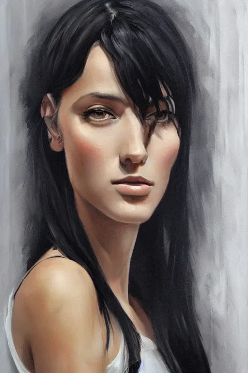 Prompt: portrait of a beautiful woman, black hair, attractive, casual, modern, highly detailed, concept art, smooth, sharp focus, illustration, art by thomas saliot