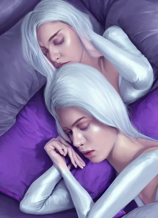 Prompt: a highly detailed illustration of silver haired woman wearing purple star onesie floating on pillow, dramatic floating pose, sleepy expression, intricate, elegant, highly detailed, centered, digital painting, artstation, concept art, smooth, sharp focus, league of legends concept art, wlop