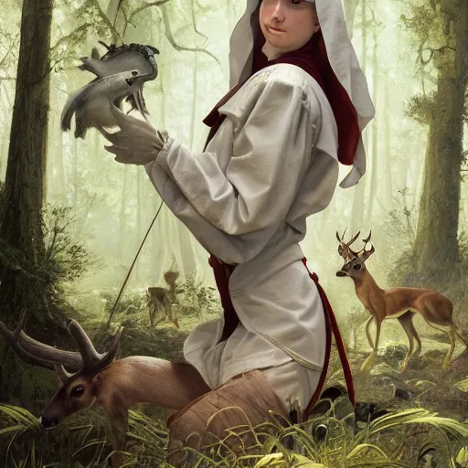 Prompt: A masterpiece portrait of a Incredibly beautiful queer maid barique renaissance swamp nun girl hunting on deer with russian greyhound medium shot, intricate, elegant, highly detailed. trending on artstation, digital art, by Stanley Artgerm Lau, WLOP, Rossdraws, James Jean, Andrei Riabovitchev, Marc Simonetti, Yoshitaka Amano. background by James Jean and Gustav Klimt, light by Julie Bell, 4k, porcelain skin. Studio Ghibli