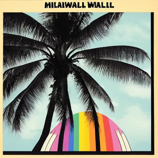 Image similar to miracle musical Hawaii part ii album cover, showing an ocean in the background, spiral transparent stairs on the left with tall palm trees behind it, a slight rainbow in the background, white outline border, moon in the right top area black and white except for the rainbow album cover with rainbow text in the middle reading Hawaii part ii