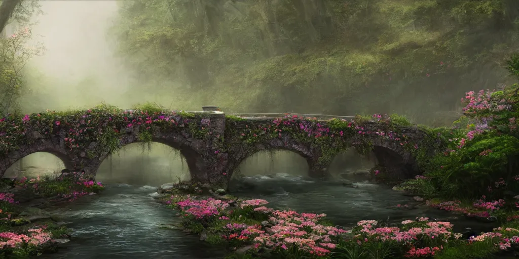 Image similar to matte painting of an old mason bridge decorated with flowers alongside above a small river stream, realistic, 4 k, artstation, dreamy, fog, volumetric lighting