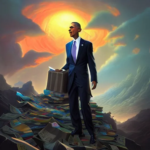 Prompt: obama nervously standing by a mountain of papers, highly detailed matte fantasy painting, stormy lighting, by ross tran, by artgerm, by lisa frank, by brom, by peter mohrbacher