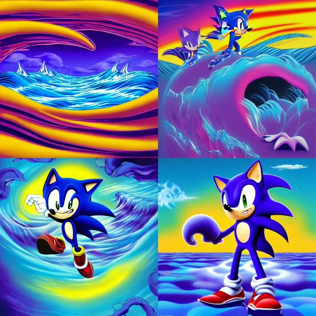 Prompt: surreal, sharp, detailed professional, high quality airbrush art album cover of a cresting blue ocean wave in the style of sonic the hedgehog, purple checkerboard background, 1990s 1992 style of John Kricfalusi, Sega Genesis box art