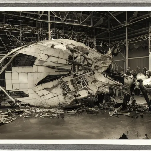 Image similar to dismantled, crashed, ufo spaceship in hanger with people in hazmat suits standing around, grainy, vintage photo, sepia, old photo, realistic, detailed,