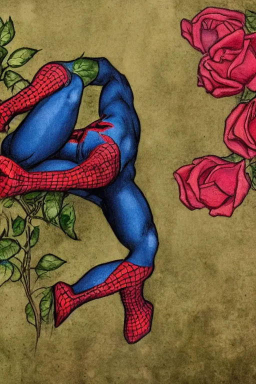 Prompt: pre-raphaelite spider man with roses in the background, blurred detail, phototaken with Nikon D750