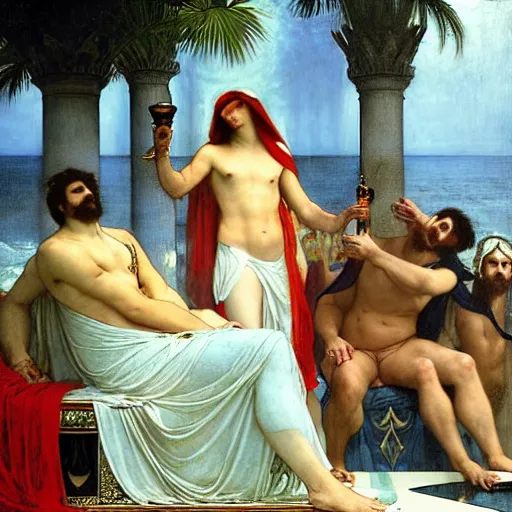 Image similar to Justice with a blood dripping chalice at the palace, thunderstorm, pool, beach and palm trees on the background major arcana sky, by paul delaroche, alphonse mucha and arnold böcklin arnold böcklin hyperrealistic 8k, very detailed