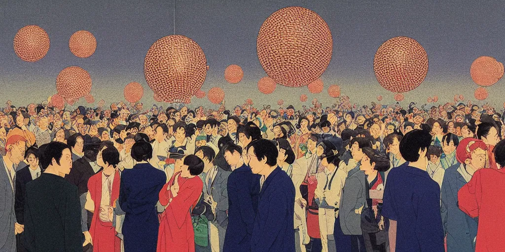 Prompt: a crowd of people looking up at a massive disco ball floating in the sky, risograph by kawase hasui, edward hopper, satoshi kon and moebius, no text!, colorful flat surreal design, super - detailed, a lot of tiny details, fullshot