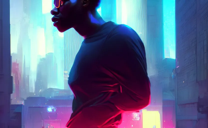 Image similar to handsome black genius infiltrating the metaverse, cinematic and dramatic, curved translucent holographic displays, urban atmosphere, cmyk glowing lights, highly detailed, digital painting, artstation, concept art, smooth, sharp focus, illustration, art by wlop, mars ravelo and greg rutkowski