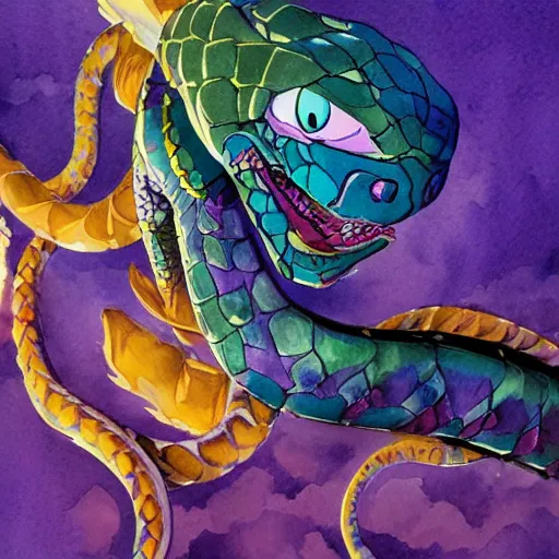 Prompt: highly detailed watercolor, pythor the purple python from ninjago, magic realism, vivid colors, by charles vess, anato finnstark, cinematic lighting