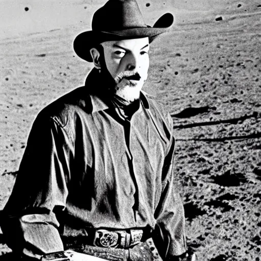 Image similar to anton lavey wearing a cowboy hat, riding a horse on the moon