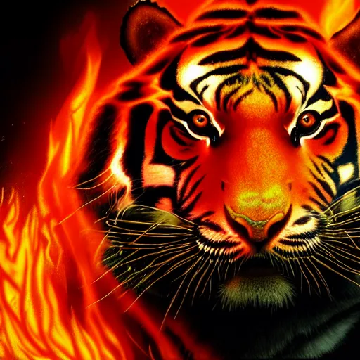 Prompt: a flaming fire tiger made completely of flames and fire, portrait, fantasy, beautiful face, vivid colors, elegant, concept art, sharp focus, digital art, hyper - realistic, 4 k, unreal engine, highly detailed, hd, dramatic lighting by brom, trending on artstation
