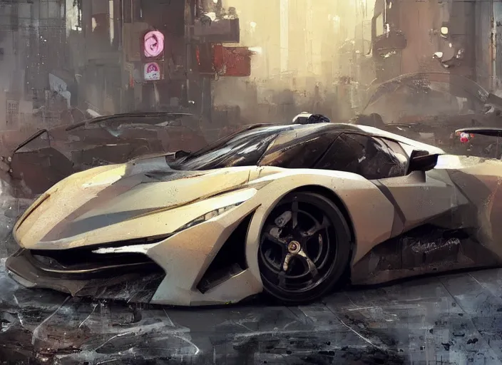 Prompt: sport car in a city, on the street. design by bradbuilds. style by simon bisley, ismail inceoglu, wadim kashin, filip hodas, benedick bana, and andrew atroshenko.