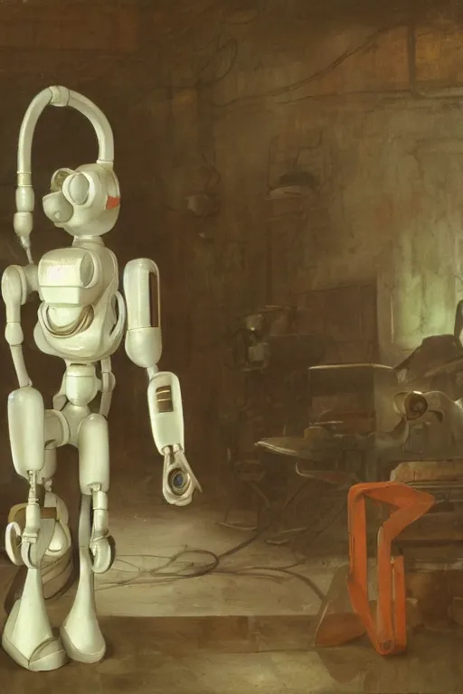 Image similar to a scene with a anime figurine that looks like a white plastic industrial robot with fluo colored details covered in pastel colors, moody light, flemish painting