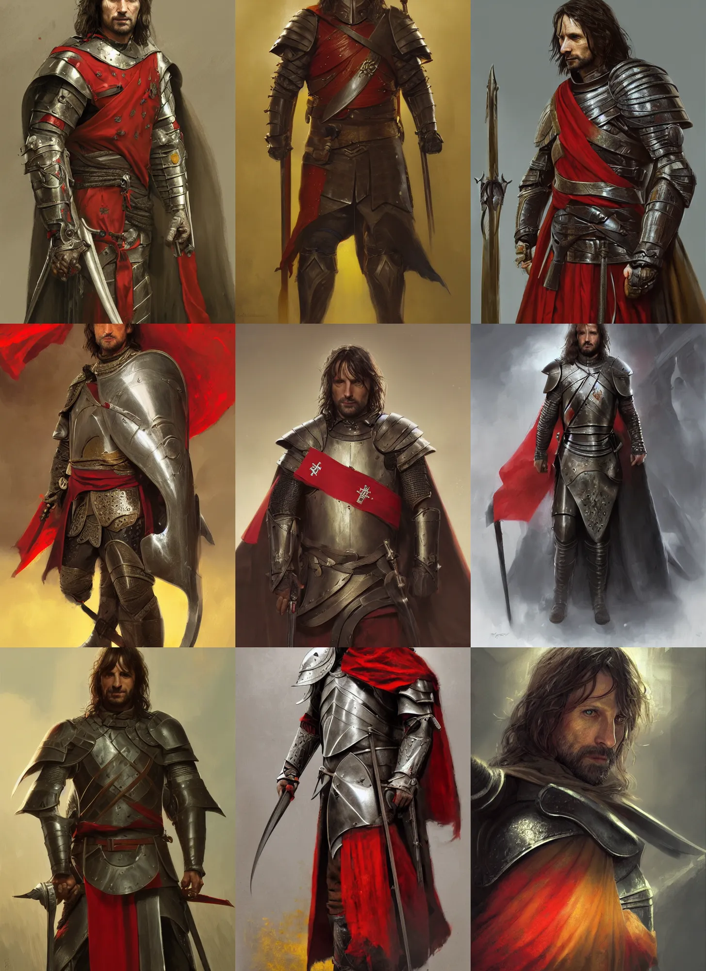 Prompt: aragorn portrait medieval armor, dark, red cross on yellow flag in background, intricate, highly detailed, artstation, digital illustration, ruan jia, mandy jurgens, rutkowski