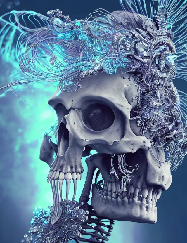 Image similar to 3 d goddess skeleton macro close - up portrait with crown made of ram skull. betta fish, jellyfish phoenix, bioluminiscent fire, plasma, ice, water, wind, creature, super intricate ornaments artwork by tooth wu and wlop and beeple and greg rutkowski