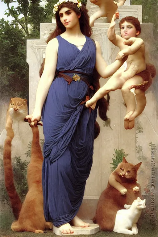 Image similar to cat fursuit as a greek goddess, painting by william adolphe bouguereau