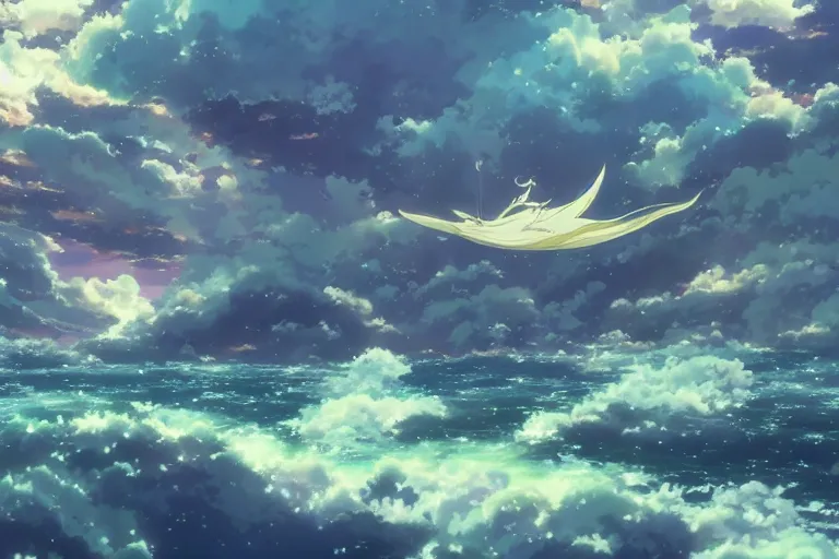 Image similar to painting of a dreamscape, a flying leviathan in the foreground, exterior wide shot, otherworldly and ethereal by kazuo oga in the anime film by studio ghibli, screenshot from the anime film by makoto shinkai