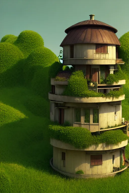 Prompt: cylindrical house, solarpunk, studio ghibli, jean - baptiste monge, octane render, 4 k