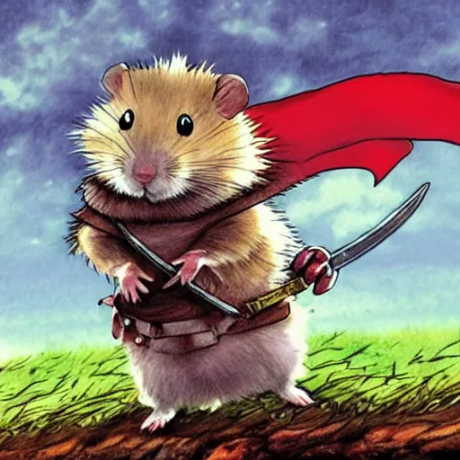 Image similar to a hamster holding a sword in the style of Berserk manga